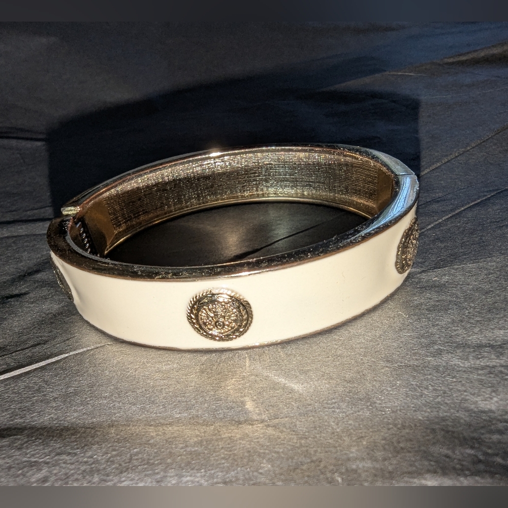 Enamel Hinged Bangle Bracelet Cream and Gold